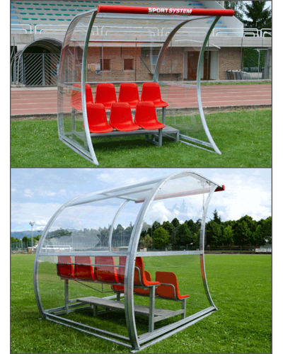 Командний навіс подвійної глибини, оцинкована сталь, прозорі панелі, 2 м модуль, трибуна та 7 сидінь S04418
