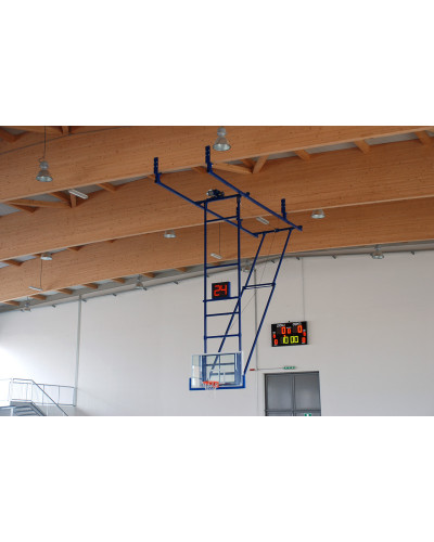 Опора баскетбольного щита з електроприводом для кріплення до даху, щит загартоване скло 12 мм, сертифікат FIBA S04070