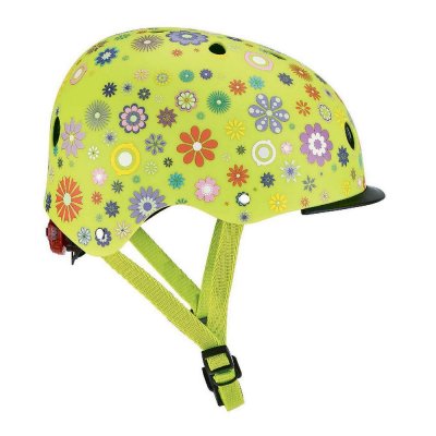 Шлем защитный детский Globber, цветы зеленый, с фонариком (48-53, XS/S)