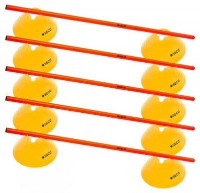 Набор барьеров для тренировки Seco Coordination ( 10 фишек + 5 гимнастических палок) желто-красный